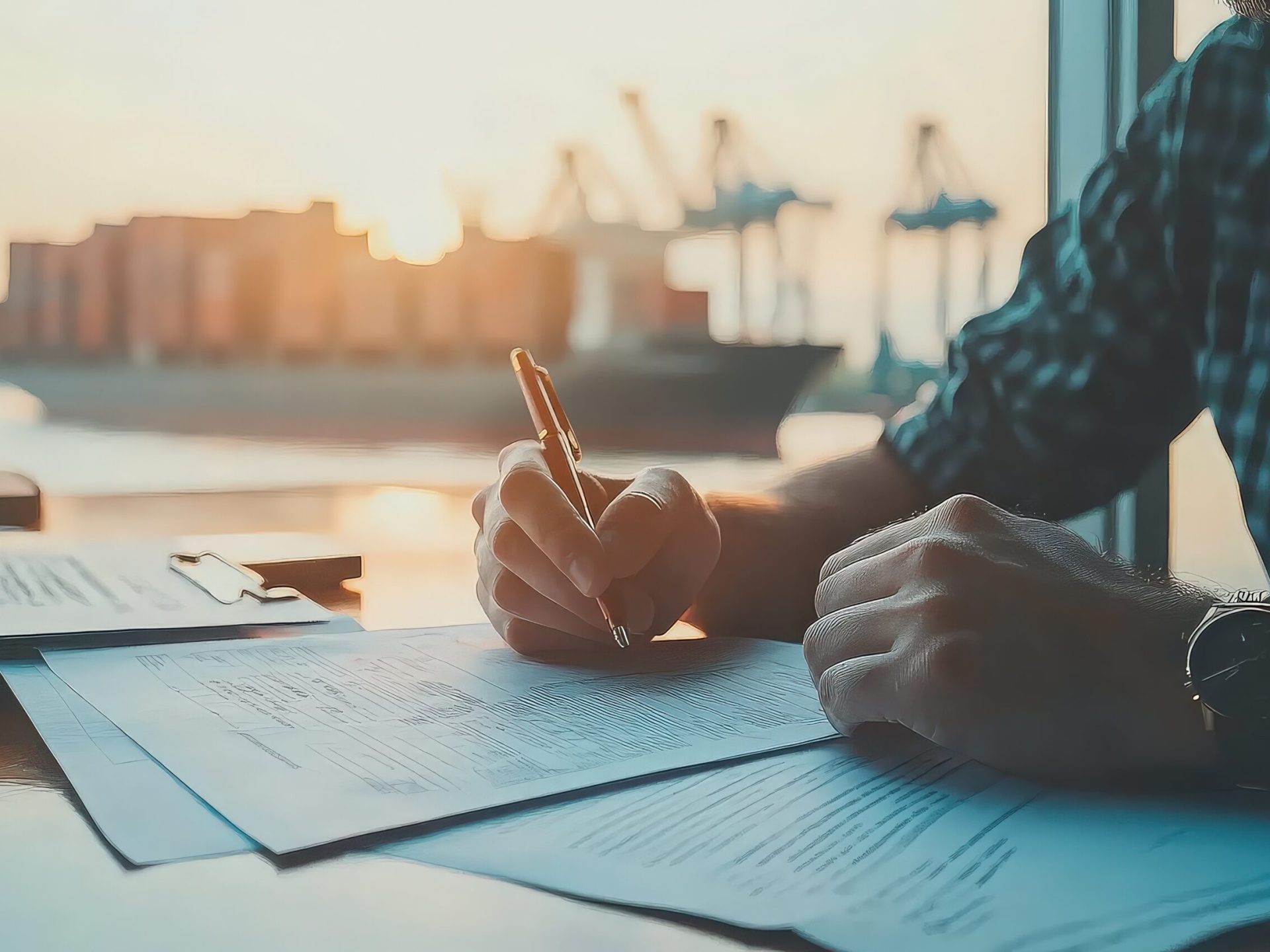 A man is signing a document at a desk, near a window. The background is a blurry harbor with ships and cranes in the sunset.